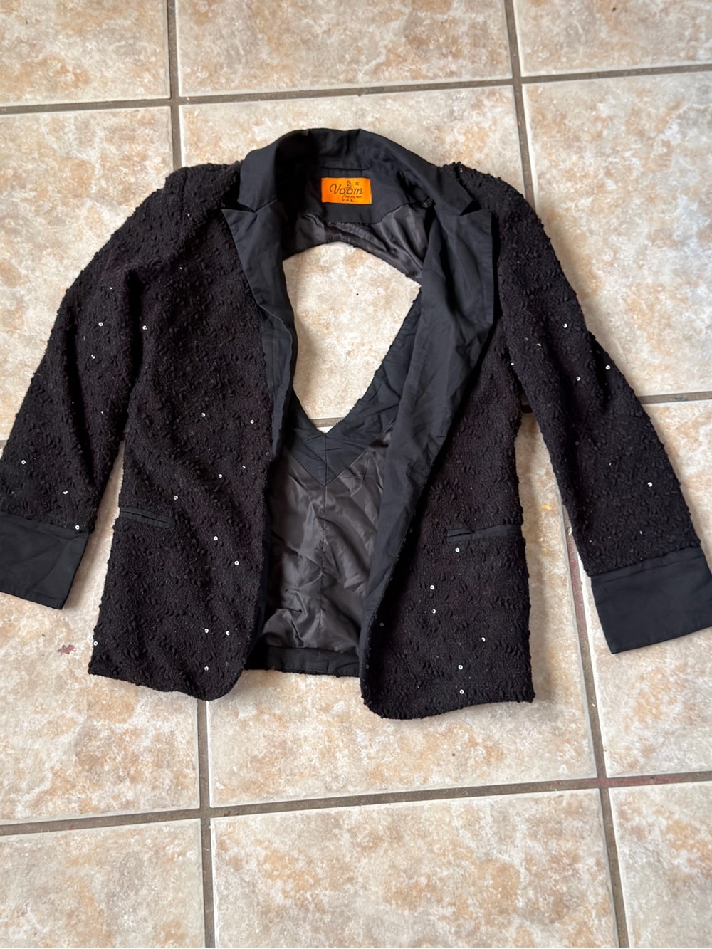 Voom by Joy Han Black Sequin Open Back Blazer Cutout Cuffed Size S Y2K
